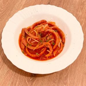 本日のパスタ　チョリソーのスパゲティ・アラビアータ