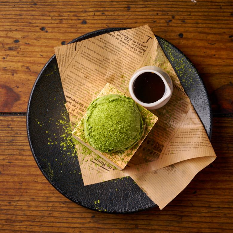 Mascarpone pudding and Uji matcha ice cream