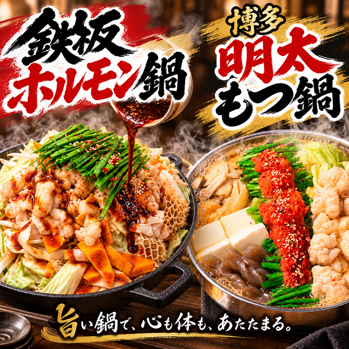 落ち着きのある半個室×鉄板ホルモン鍋、博多明太もつ鍋、炭火焼が自慢！