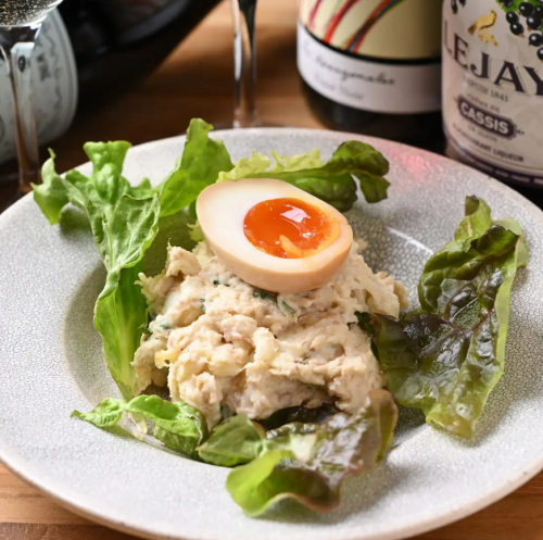 Japanese-style potato salad topped with boiled egg