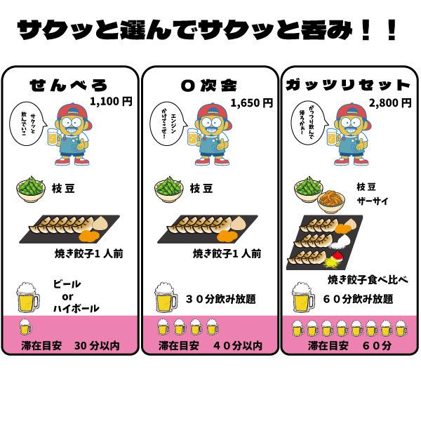 時間や飲む杯数に合わせて選べる“サクッとプラン”。30分でサク飲みから、ガッツリ60分飲み放題まで！餃子と一緒に気軽に楽しめる、仕事帰りや0次会に最適なセット。仲間とワイワイも、一人で気楽に一杯も大歓迎！明るい時間から乾杯すれば、その夜はもっと楽しくなる！