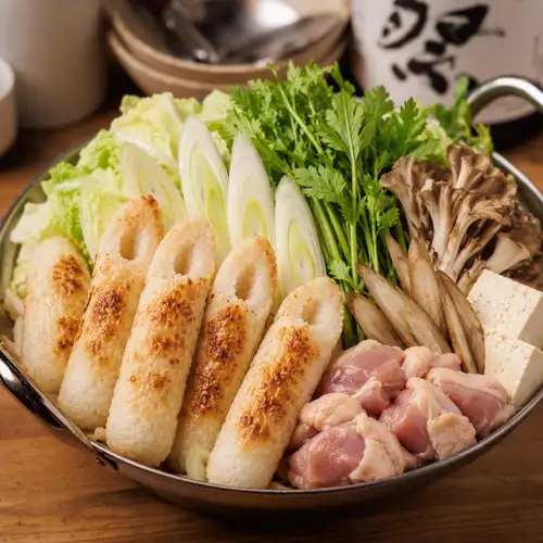 秋田の郷土料理。きりたんぽに鶏と野菜の旨みが染み込む