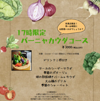 目黒店限定【17時~0次会コース】野菜たっぷりバーニャカウダ+1ドリンク付3300円