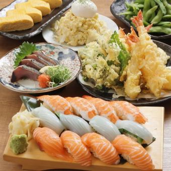 【NEW★お手軽コース】日~木3H/金土祝前2H飲放(LO30分前)☆鰹たたき/天ぷら/寿司全6品3500円