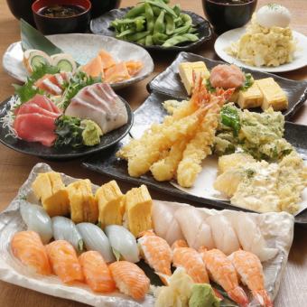 【NEW★鶴コース】2H飲放(L.O30分前)☆お造り・天ぷら各3種+お任せ握り5貫盛り全7品4500円