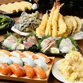 【お手軽コース】真鯛のお造りや揚げたて天ぷら、おまかせ握り寿司等■2H飲み放題付 全7品3500円