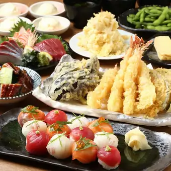 【梅コース】彩り海鮮手まり寿司+新鮮お造り3種や揚げたて天ぷら等■2H飲み放題付 全9品4500円