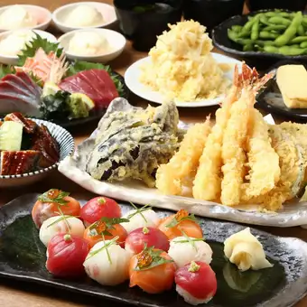 【梅コース】彩り海鮮手まり寿司+新鮮お造り3種や揚げたて天ぷら等■2H飲み放題付 全9品4500円