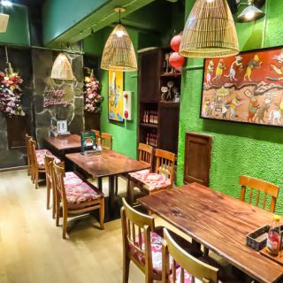 There are three tables that seat four people.The stylish paintings and lighting will take your dining experience to the next level. Enjoy Vietnamese cuisine while feeling like you're in a foreign country.