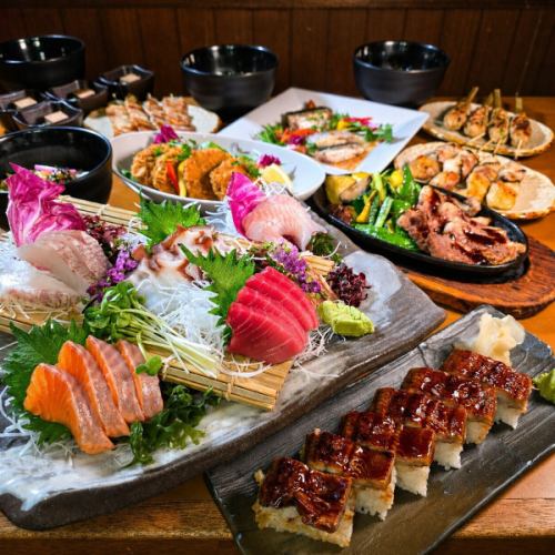 立减1000日元!【轻奢套餐】包含刺身、烤鸡串、牛排、鳗鱼等9道菜,含120分钟畅饮:6000日元→5000日元