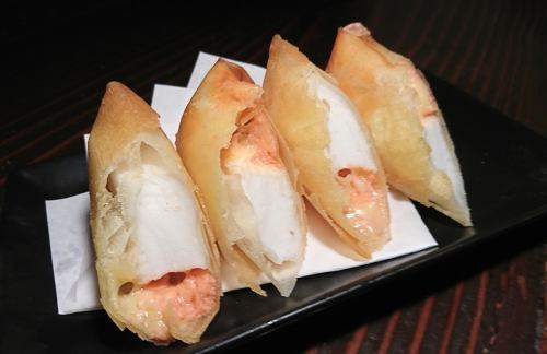 Cheese spring rolls with hanpen and pollack roe mayonnaise