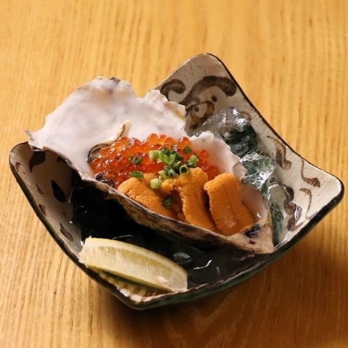 Salmon roe and sea urchin gout oysters