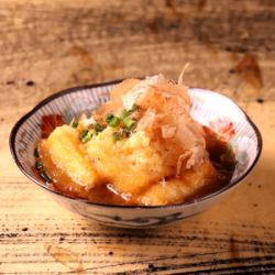 Deep-fried tofu covered in bonito flakes
