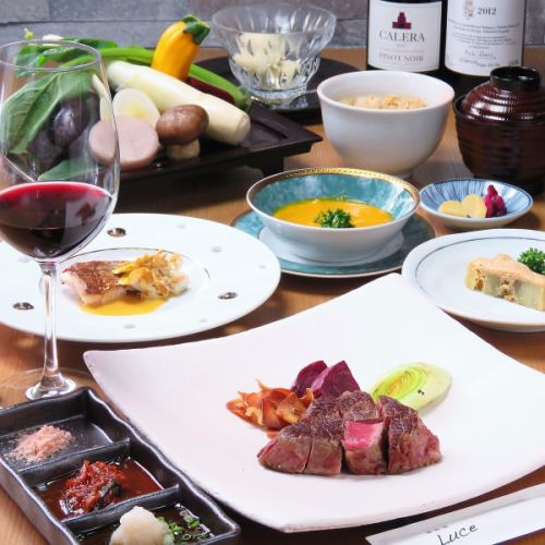 [Our recommended lunch!!] Seasonal seafood and Kuroge Wagyu beef course