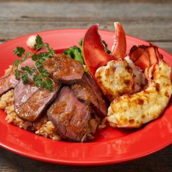 Golden lobster & roast beef with garlic rice