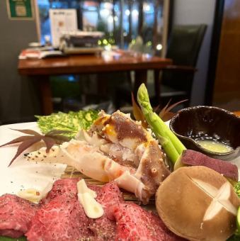 【米沢牛の焼きしゃぶとたらば蟹のステーキ会席】米沢牛やたらば蟹などの豪華食材を心ゆくまで!