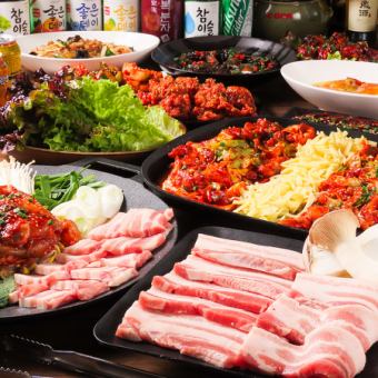 【Aコース】スンドゥブチゲか味噌チゲが選べる！生サムギョプサルセットなど全6品⇒3300円(税込)