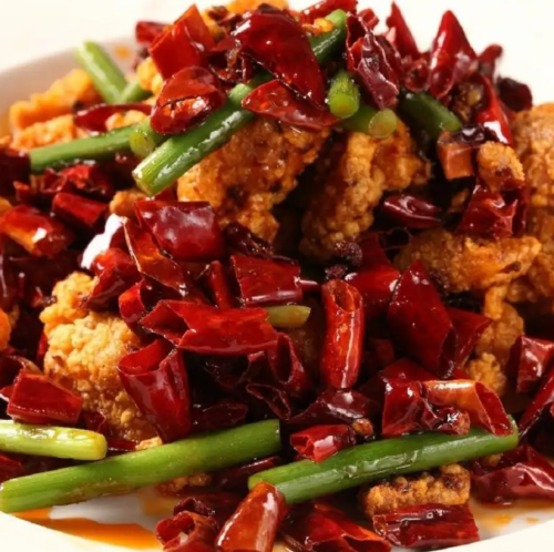 鶏唐揚げと四川山椒唐辛子炒め