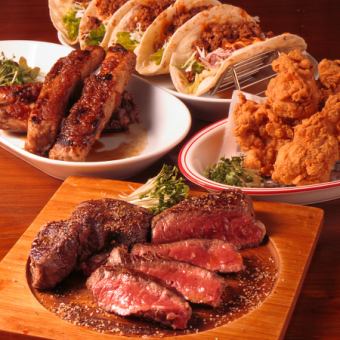 【WOODコース】《2時間飲み放題(乾杯ビール付)》ミスジステーキを含む全7品4500円