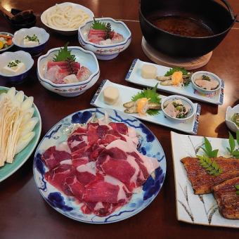 【いのしし鍋コース・6700円（税込）9品】2人前より、前日１８時までのご予約承っております。