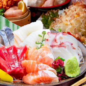 ◆本まぐろ付き！刺身五点盛り＋やきとり盛合わせコース◆飲み放題付3,500円(税込)