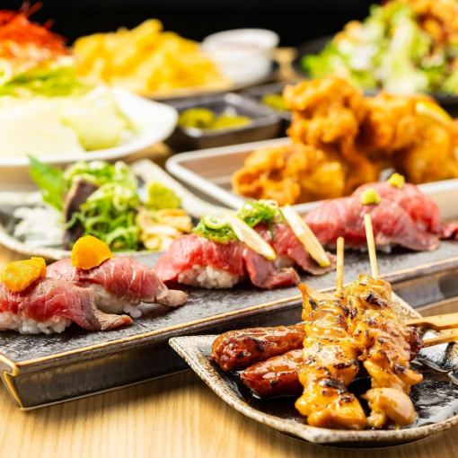 【王道人気】1串入魂！焼き鳥＆贅沢肉寿司3種盛有！180分飲み放題付●焼き鳥＆肉寿司コ-ス4499→