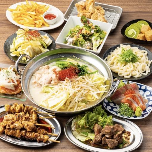《至福の時間》焼き鳥,ステ-キ,本場を再現！博多もつ鍋含◆180分飲み放題◆贅沢三昧コース6000⇒