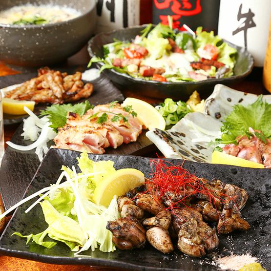 ひとときコースお料理のみ たべたらクセになる 地鶏もも肉のチキンステーキ付き全8品 炭焼き専門 焼き鳥と馬刺し ひととき 梅田堂山店