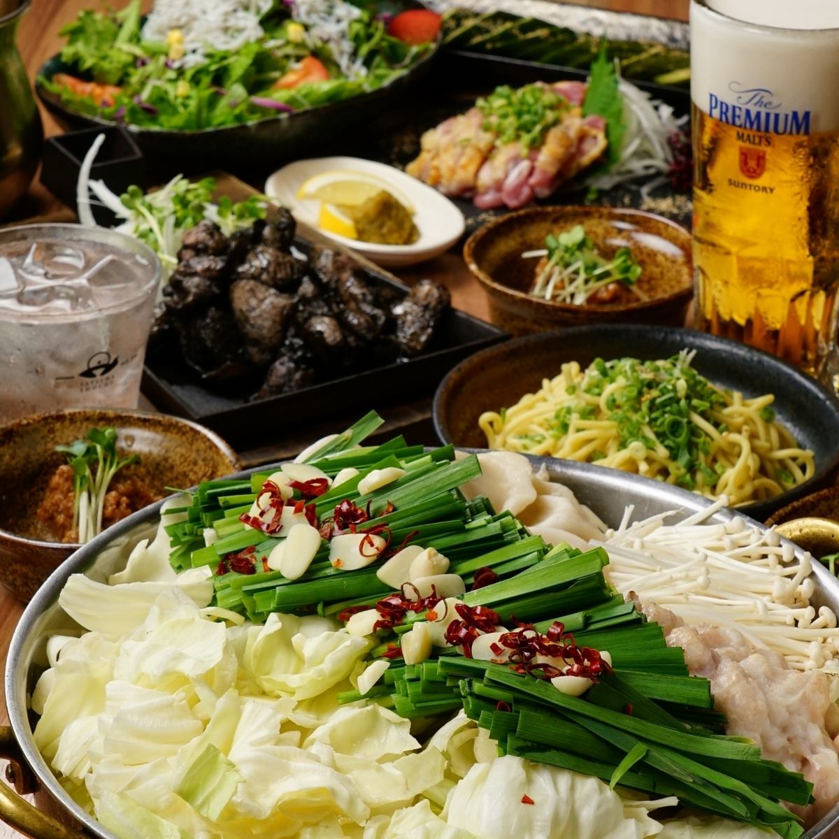 Motsu nabe course! 9 dishes including charcoal-grilled chicken + [all-you-can-drink] available!!