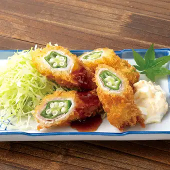 秋葵裹上肉餡油炸