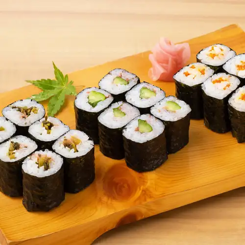 Assortment of three types of rolled sushi