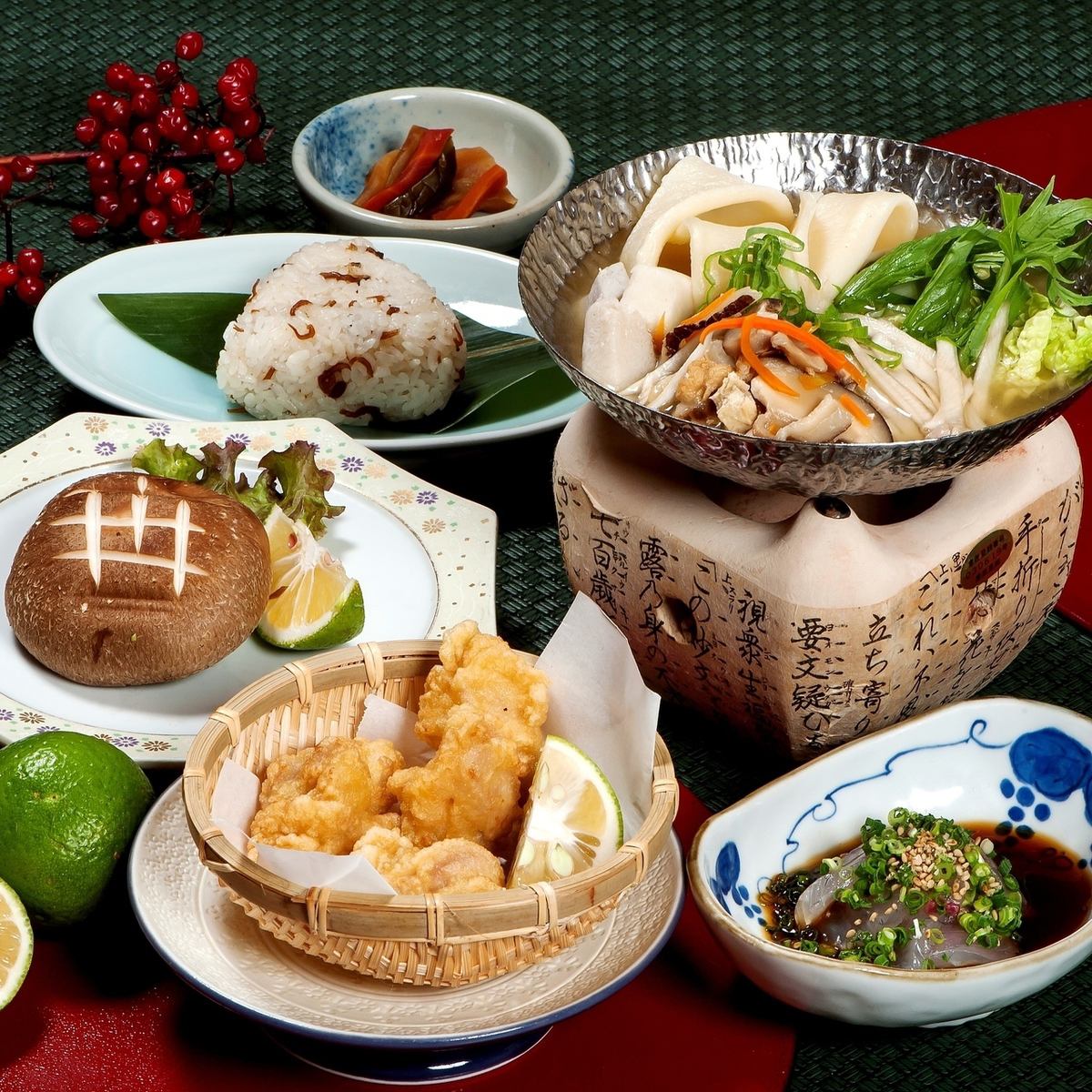 Enjoy a variety of Bungo local dishes such as toriten, thin horse, and dumpling soup in a private room