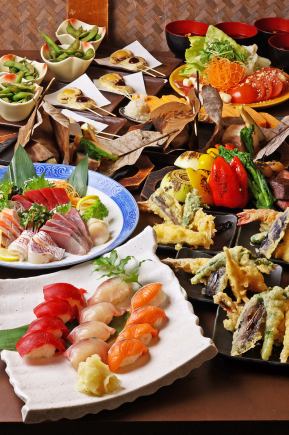 【ごきげんコース】枝豆と湯葉しんじょう田楽など全9品に飲み放題付きで4980円(税込)