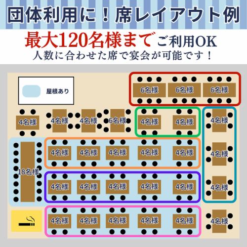 餐厅设有可容纳 4 人、6 人和最多 18 人的餐桌。此布局图中的座位可以组合！我们会根据人数调整桌位。而且，浅蓝色的座椅还配有遮阳篷！无论晴天还是雨天，都可以安心乘坐。