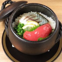 Salted mackerel and Hakata cod roe in a clay pot