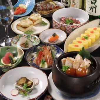 Counter only! One dish per person, kappo-style Wagyu beef hamburger steak, salted mackerel and flying fish roe clay pot, 7 dishes in total, 2 hours all-you-can-drink