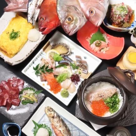 Recommended for parties! Assorted sashimi with sesame mackerel and our specialty sea bream and salmon roe in a clay pot with two hours of all-you-can-drink for 5,500 yen