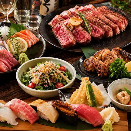【3時間飲み放題付】国産和牛サーロインステーキ×鮮魚造りや地鶏に握り寿司含む『匠』全8品6470円⇒5500円