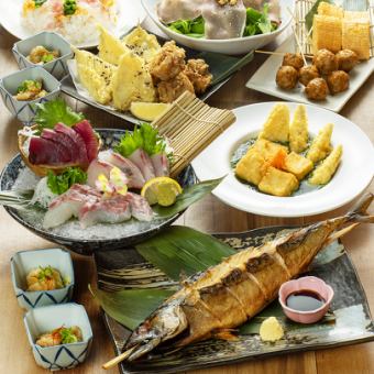 【歓送迎会】初ガツオ入り旬魚お造りと豪快焼きサバ4000円コース＜飲み放題2時間付＞