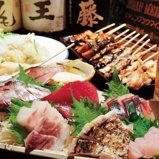 自慢の刺盛り＋名物魚串焼が入ったアドバンスコース 全8品 ＜2.5H飲み放題付＞8000円（税込）