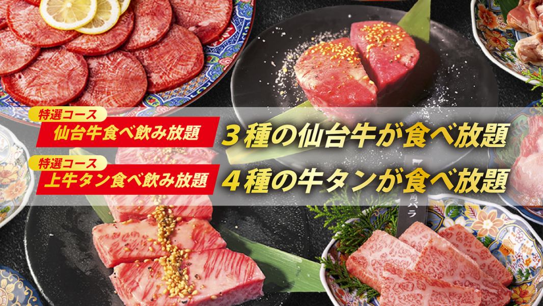 歓迎会にも！3種の仙台牛or4種の牛タンが食べ放題＆特選ドリンクが飲み放題！