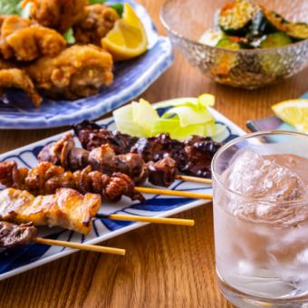 [3 hours all-you-can-drink included every day] All-you-can-eat charcoal grilled yakitori and fresh seasonal fish included in the 20-item course [3980 yen → 2980 yen]