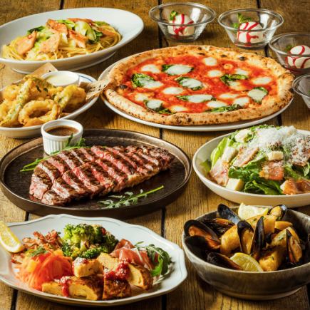 Premium Plan with 2 hours of all-you-can-drink ★ Grilled lean beef main course, oven-baked pizza, pasta, and other 8 dishes (12 dishes total)