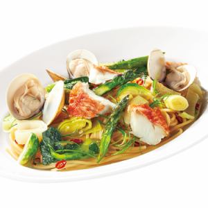 Clams, spring vegetables, and white fish peperoncino (R)
