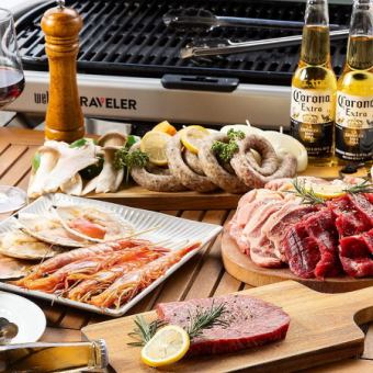 【テラス席】2時間飲み放題◎和牛ロース・サーロイン等を堪能する全10品『BBQプレミアムプラン』