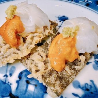 生雲丹とアオリイカ頂く海苔天