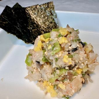 甜蝦、黑橄欖和烤萬願寺魚子醬