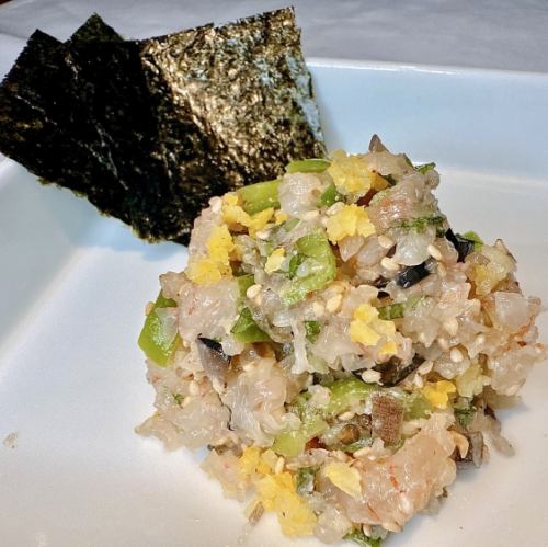 甜蝦、黑橄欖和烤萬願寺魚子醬