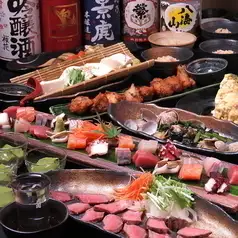 生ビール含む2.5H飲放付!豪華刺身盛り合わせや牛ハラミのたたき等全9品ゆらり贅沢4,500円コース