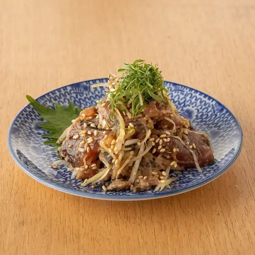 Bonito with green chili miso dressing